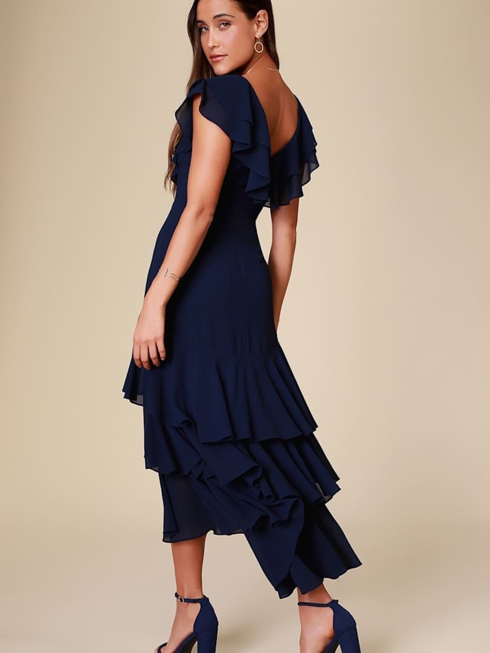 Lulus Betsey Navy Blue Ruffled Midi Dress NWT XS - Picture 2 of 6